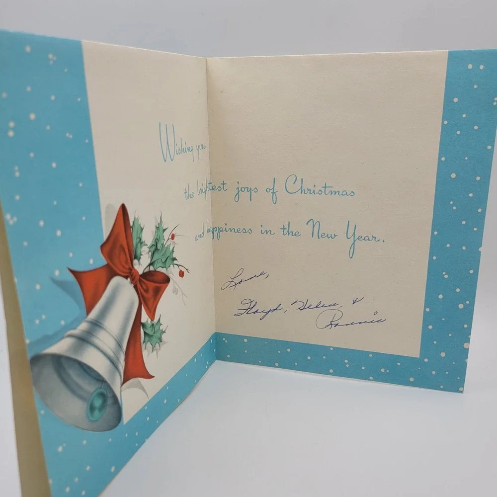 Vintage Holiday‎ Greetings Christmas Card Bells Bow Holly Signed 1950s